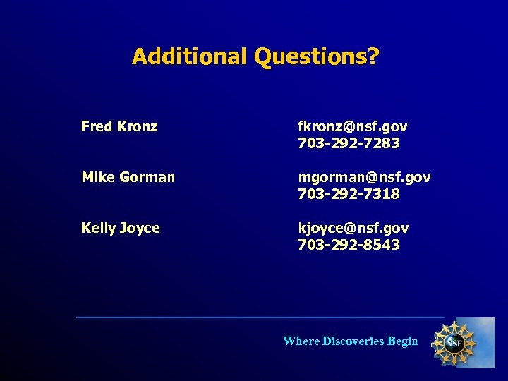 Additional Questions? Fred Kronz fkronz@nsf. gov 703 -292 -7283 Mike Gorman mgorman@nsf. gov 703