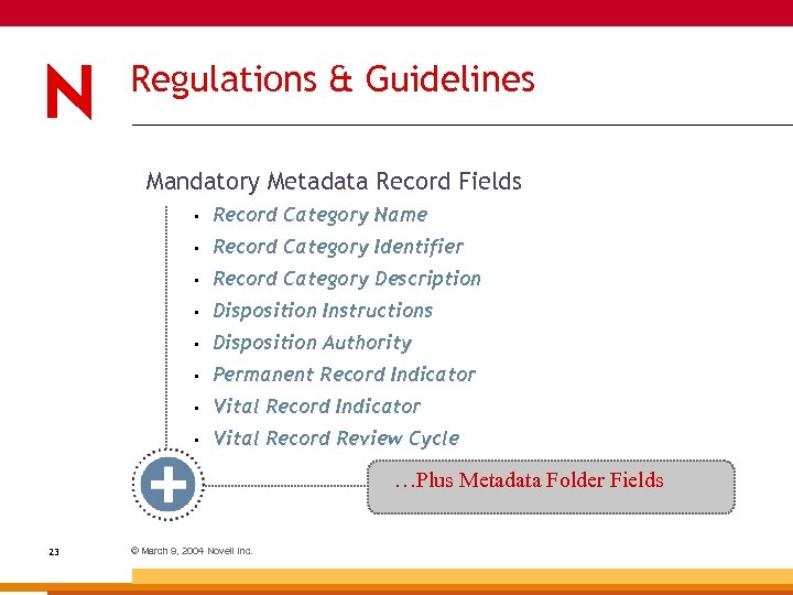 Regulations & Guidelines Mandatory Metadata Record Fields • Record Category Name • Record Category