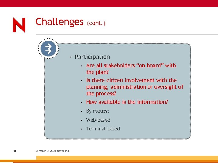 Challenges • (cont. ) Participation • • How available is the information? • By