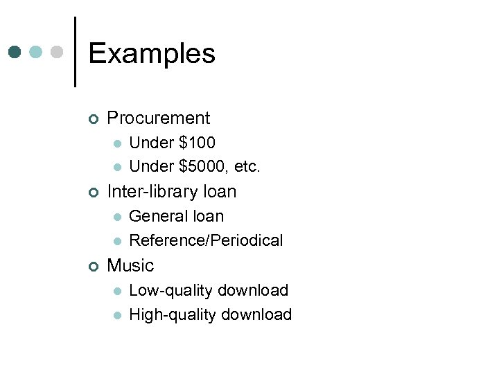 Examples ¢ Procurement l l ¢ Inter-library loan l l ¢ Under $100 Under