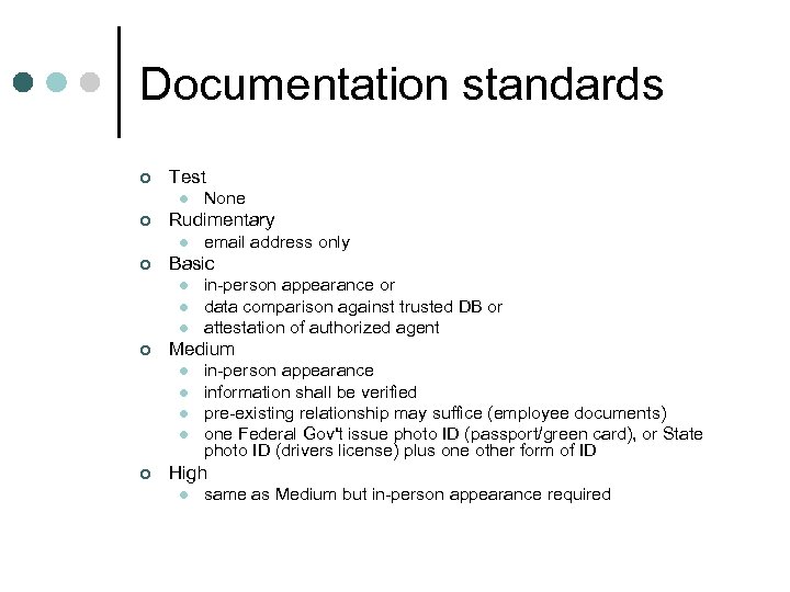 Documentation standards ¢ Test l ¢ Rudimentary l ¢ l l in-person appearance or