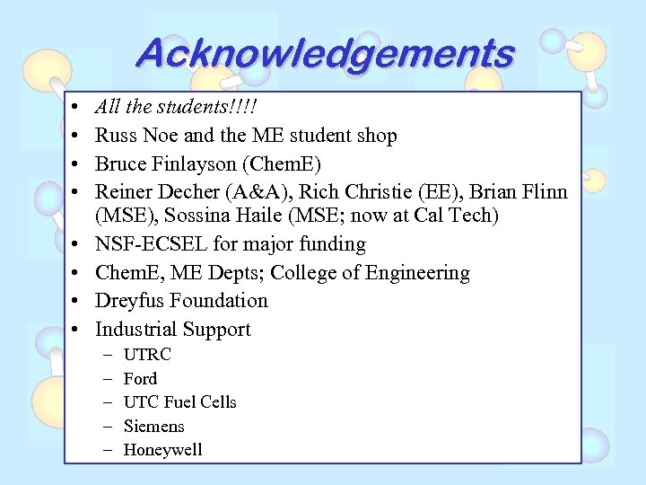 Acknowledgements • • All the students!!!! Russ Noe and the ME student shop Bruce