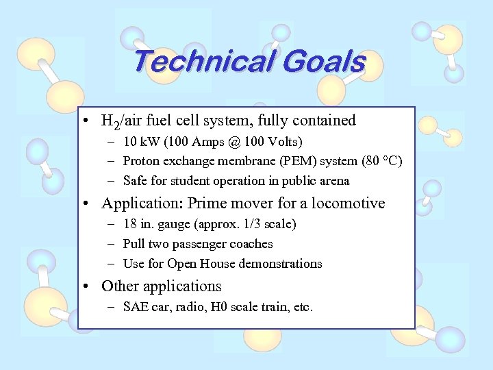 Technical Goals • H 2/air fuel cell system, fully contained – 10 k. W