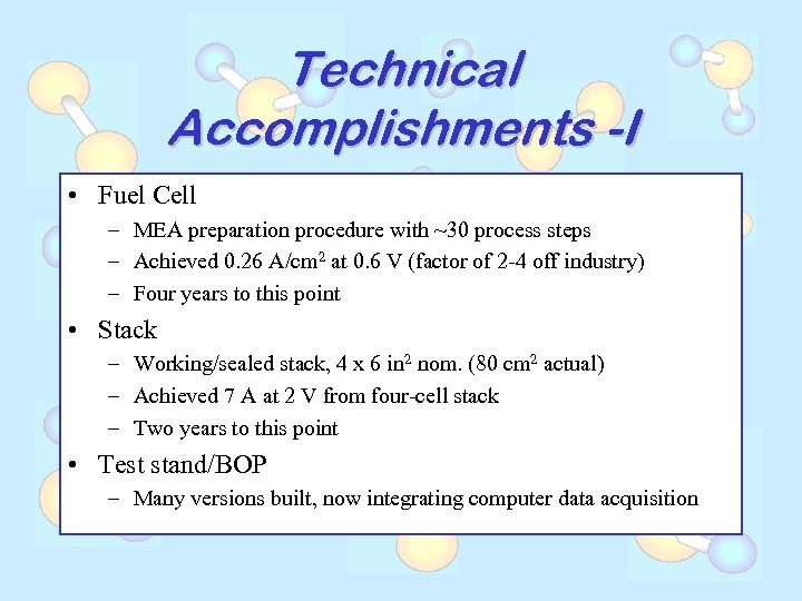 Technical Accomplishments -I • Fuel Cell – MEA preparation procedure with ~30 process steps