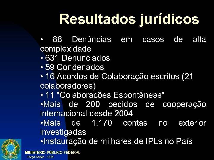 Resultados jurídicos • 88 Denúncias em casos de alta complexidade • 631 Denunciados •
