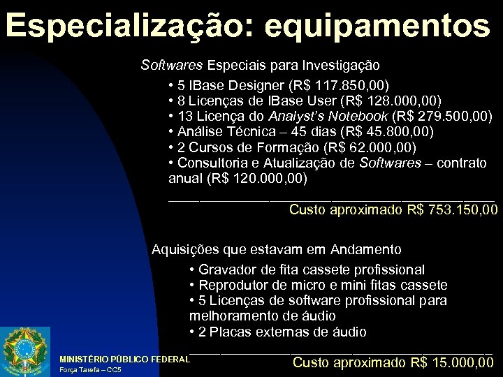Especialização: equipamentos Softwares Especiais para Investigação • 5 IBase Designer (R$ 117. 850, 00)