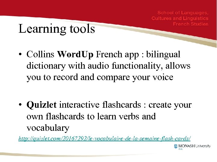 Learning tools • Collins Word. Up French app : bilingual dictionary with audio functionality,