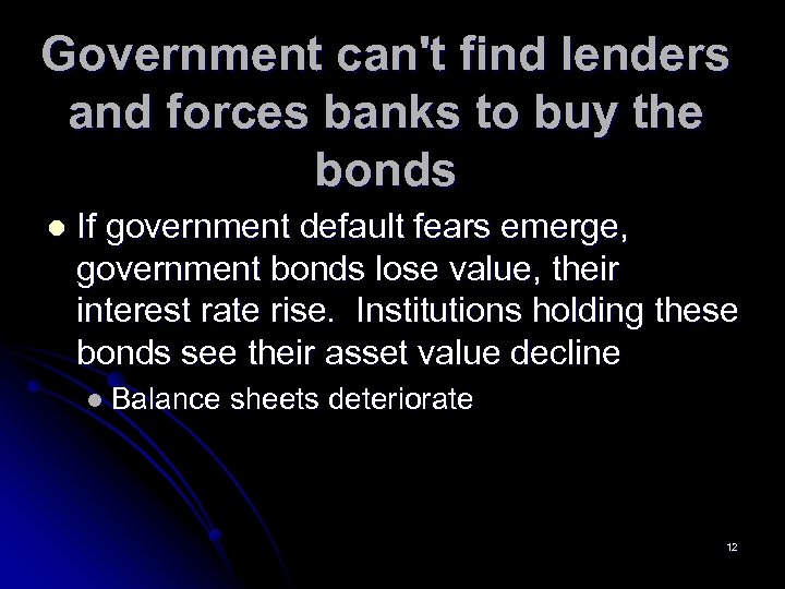 Government can't find lenders and forces banks to buy the bonds l If government