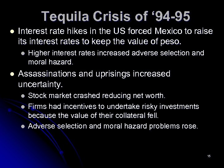 Tequila Crisis of ‘ 94 -95 l Interest rate hikes in the US forced