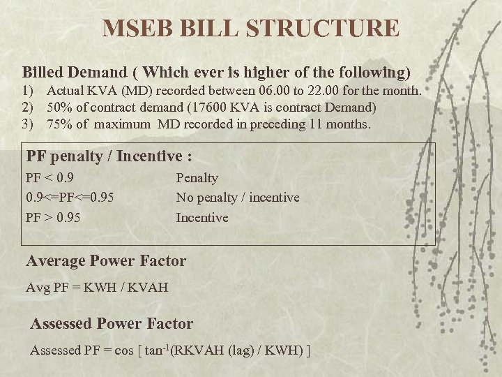 MSEB BILL STRUCTURE Billed Demand ( Which ever is higher of the following) 1)