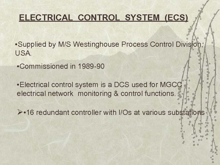 ELECTRICAL CONTROL SYSTEM (ECS) • Supplied by M/S Westinghouse Process Control Division, USA. •