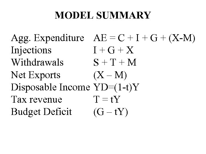 MODEL SUMMARY Agg. Expenditure Injections Withdrawals Net Exports Disposable Income Tax revenue Budget Deficit