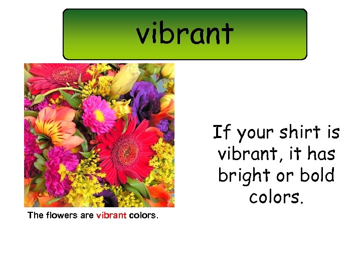 vibrant If your shirt is vibrant, it has bright or bold colors. The flowers