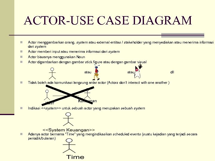 ACTOR-USE CASE DIAGRAM n n Actor menggambarkan orang, system atau external entitas / stakeholder