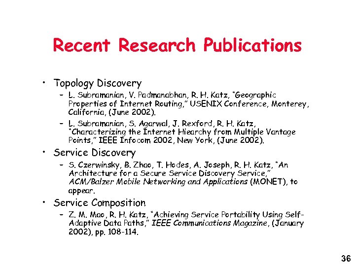 Recent Research Publications • Topology Discovery – L. Subramanian, V. Padmanabhan, R. H. Katz,