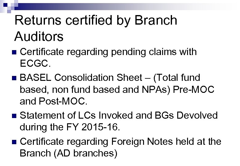 Returns certified by Branch Auditors Certificate regarding pending claims with ECGC. n BASEL Consolidation