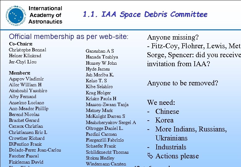 International Academy of Astronautics 1. 1. IAA Space Debris Committee Official membership as per