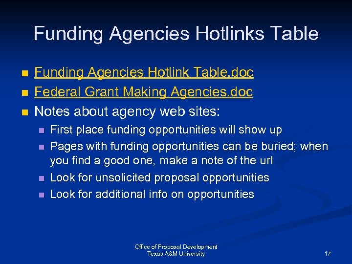 Funding Agencies Hotlinks Table n n n Funding Agencies Hotlink Table. doc Federal Grant
