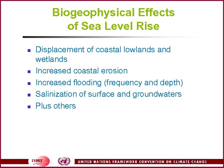 Biogeophysical Effects of Sea Level Rise n n n Displacement of coastal lowlands and