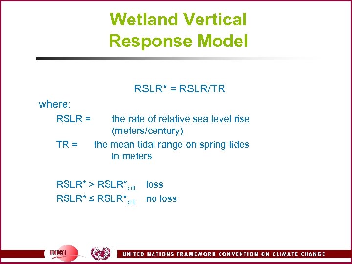 Wetland Vertical Response Model RSLR* = RSLR/TR where: RSLR = TR = the rate