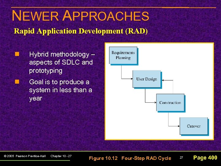 NEWER APPROACHES Rapid Application Development (RAD) n Hybrid methodology – aspects of SDLC and
