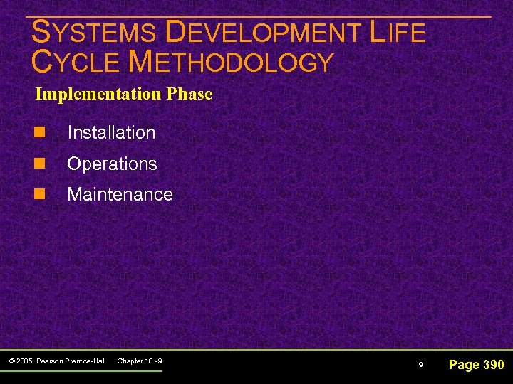 SYSTEMS DEVELOPMENT LIFE CYCLE METHODOLOGY Implementation Phase n Installation n Operations n Maintenance ©