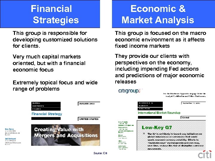 Financial Economic & Strategies Market Analysis This group is responsible for developing customized solutions