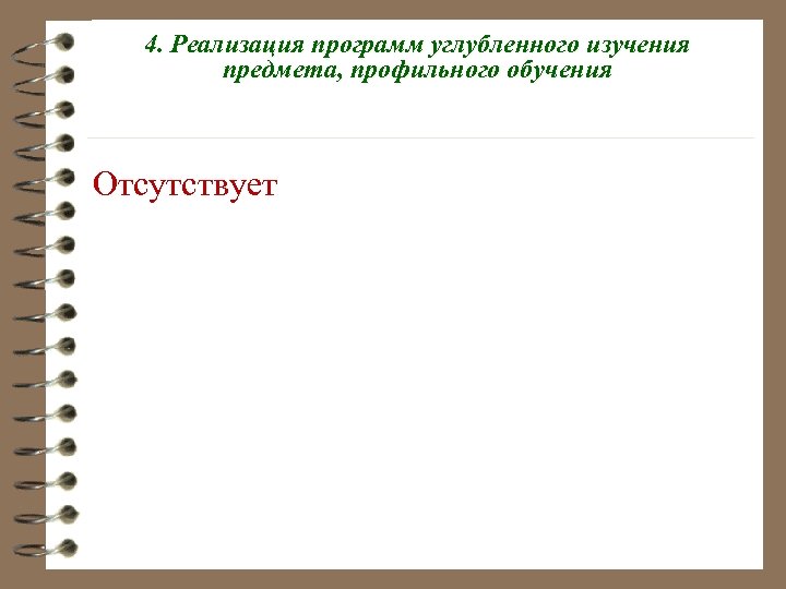 4. Реализация программ углубленного изучения предмета, профильного обучения Отсутствует 