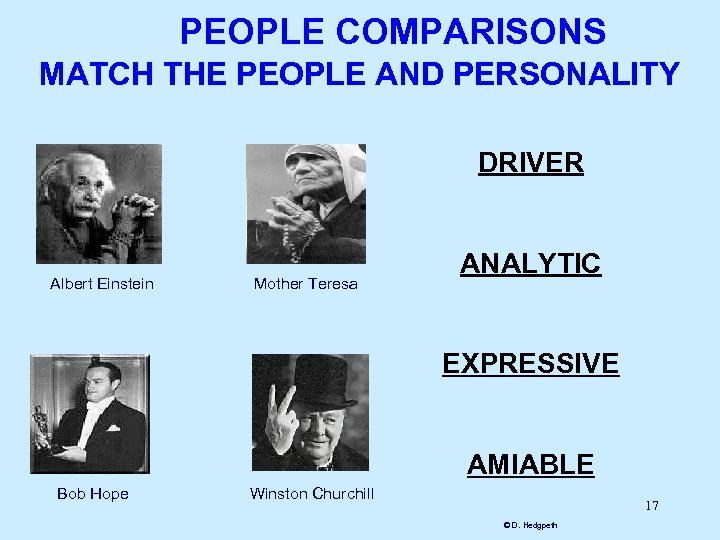 PEOPLE COMPARISONS MATCH THE PEOPLE AND PERSONALITY DRIVER Albert Einstein Mother Teresa ANALYTIC EXPRESSIVE