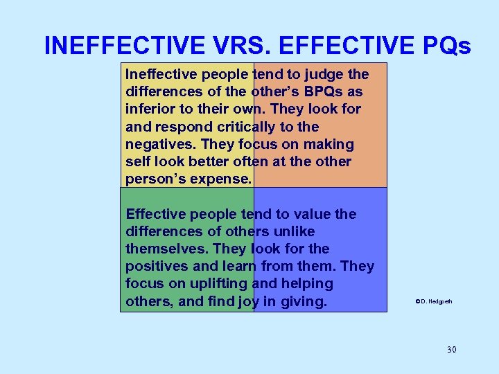 INEFFECTIVE VRS. EFFECTIVE PQs Ineffective people tend to judge the differences of the other’s