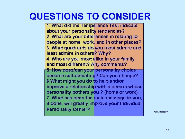 QUESTIONS TO CONSIDER 1. What did the Temperance Test indicate about your personality tendencies?
