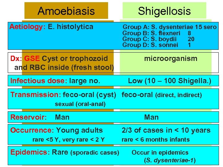 Amoebiasis Aetiology: E. histolytica Dx: GSE Cyst or trophozoid and RBC inside (fresh stool)