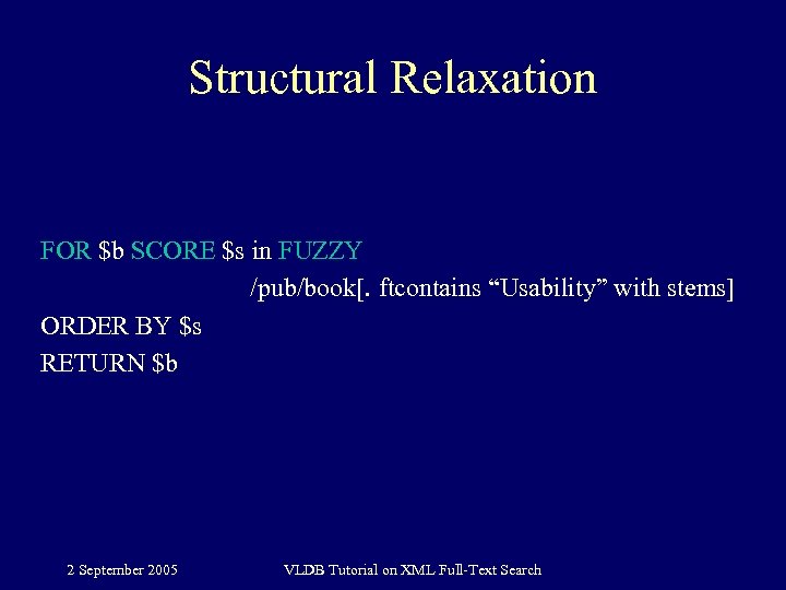 Structural Relaxation FOR $b SCORE $s in FUZZY /pub/book[. ftcontains “Usability” with stems] ORDER
