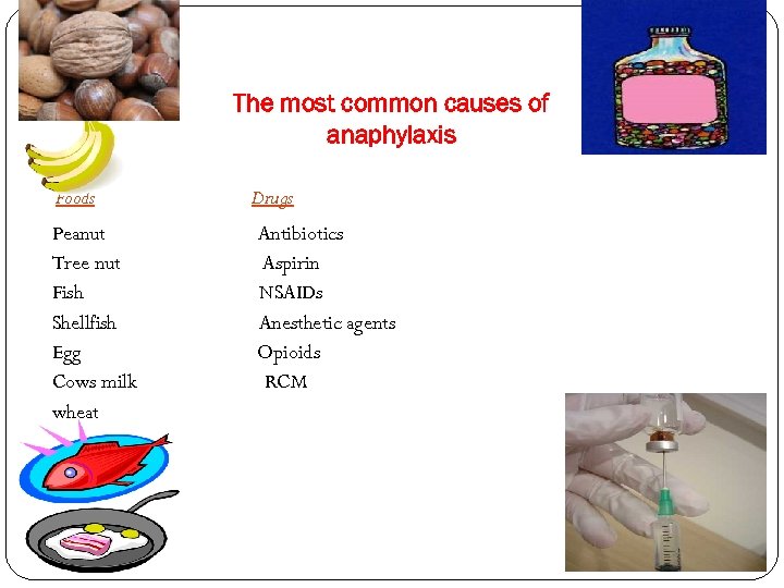 The most common causes of anaphylaxis Foods Drugs Peanut Tree nut Fish Shellfish Egg