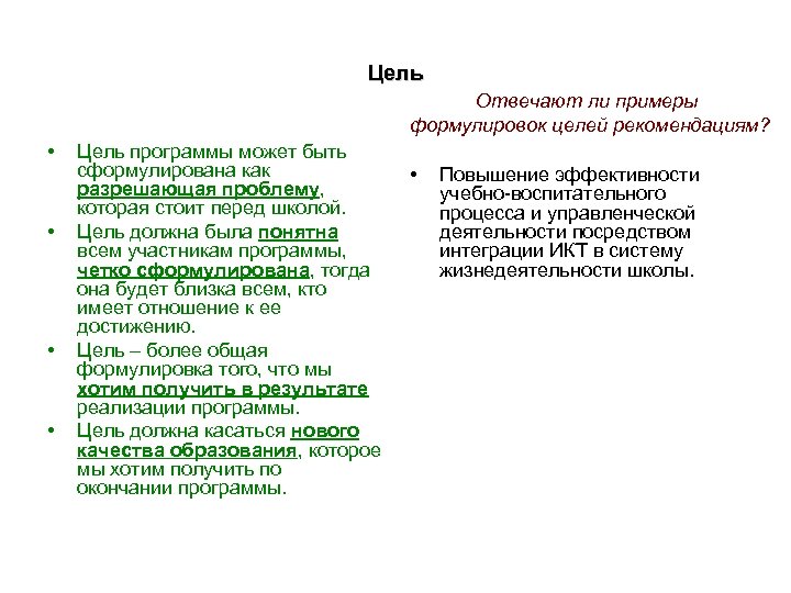 Цель Отвечают ли примеры формулировок целей рекомендациям? • • Цель программы может быть сформулирована