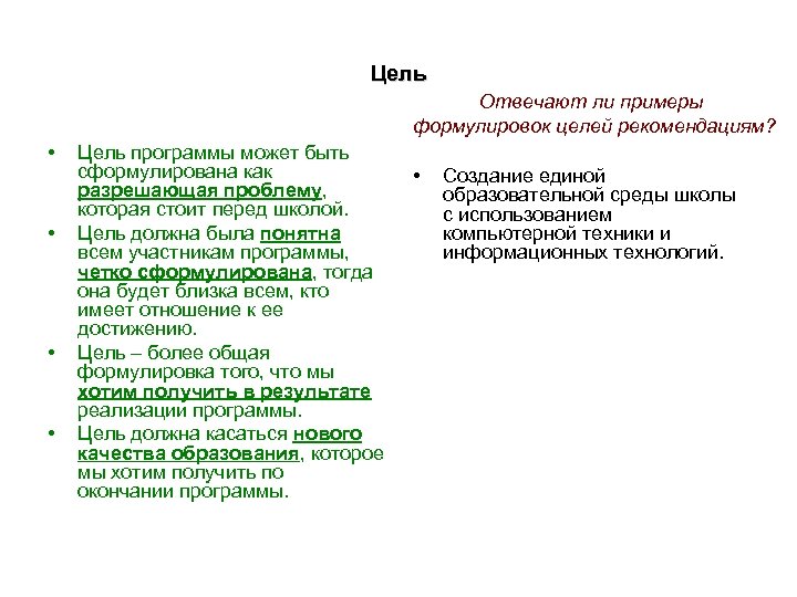 Цель Отвечают ли примеры формулировок целей рекомендациям? • • Цель программы может быть сформулирована