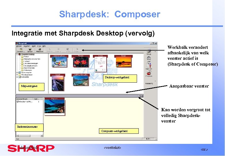 Sharpdesk: Composer Integratie met Sharpdesk Desktop (vervolg) Werkbalk verandert afhankelijk van welk venster actief