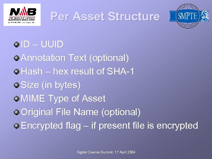 Per Asset Structure ID – UUID Annotation Text (optional) Hash – hex result of