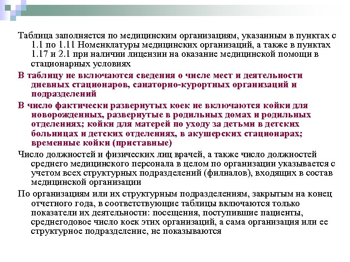 Таблица заполняется по медицинским организациям, указанным в пунктах с 1. 1 по 1. 11