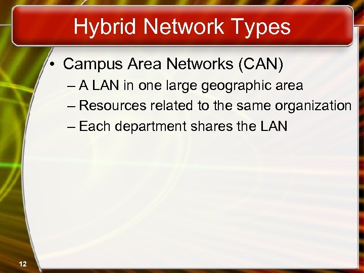 Hybrid Network Types • Campus Area Networks (CAN) – A LAN in one large