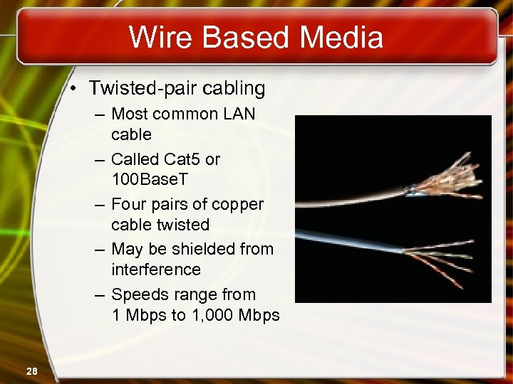 Wire Based Media • Twisted-pair cabling – Most common LAN cable – Called Cat