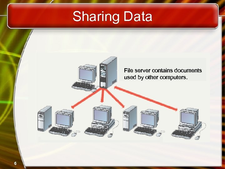 Sharing Data File server contains documents used by other computers. 6 