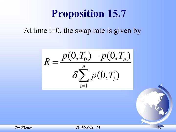 Proposition 15. 7 At time t=0, the swap rate is given by Zvi Wiener
