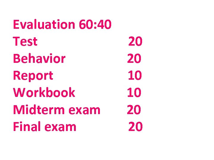 Evaluation 60: 40 Test Behavior Report Workbook Midterm exam Final exam 20 20 10