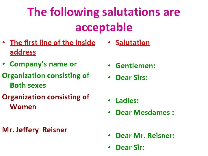 The following salutations are acceptable • The first line of the inside address •