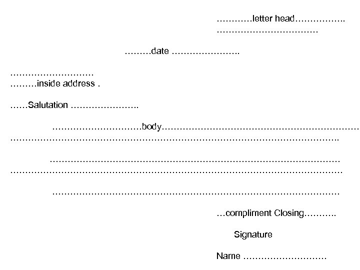…………letter head……………. . ………………. ………date …………………. ………inside address. ……Salutation …………………. . ……………body………………………………………………. . …………………………………………………………………………………………………