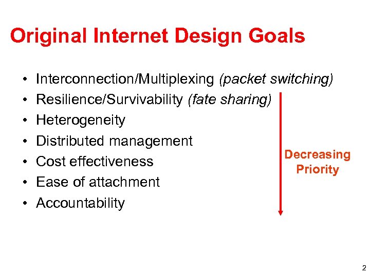 Original Internet Design Goals • • Interconnection/Multiplexing (packet switching) Resilience/Survivability (fate sharing) Heterogeneity Distributed