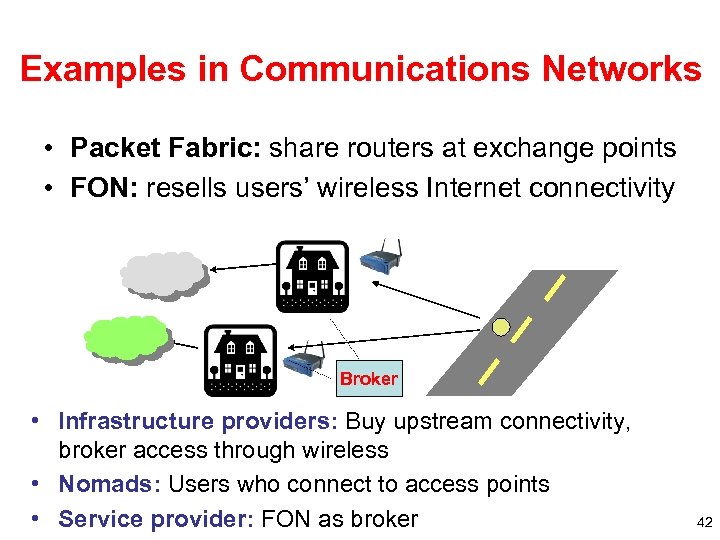 Examples in Communications Networks • Packet Fabric: share routers at exchange points • FON: