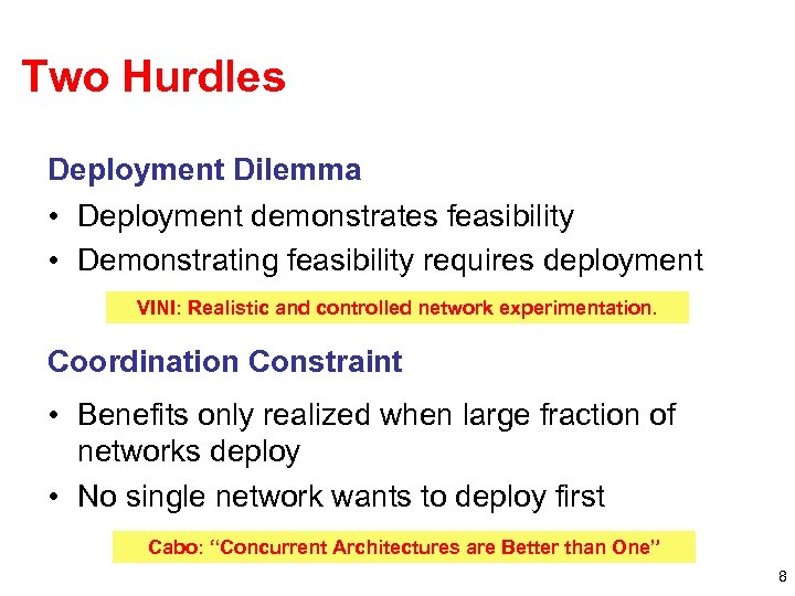 Two Hurdles Deployment Dilemma • Deployment demonstrates feasibility • Demonstrating feasibility requires deployment VINI: