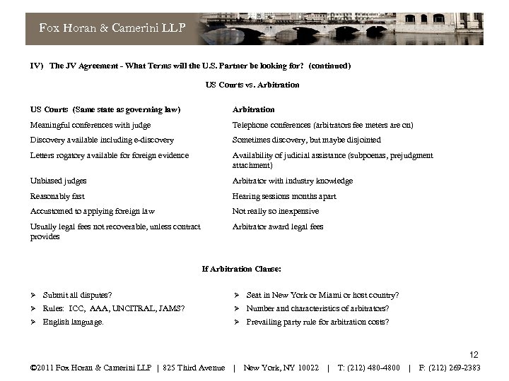 Fox Horan & Camerini LLP IV) The JV Agreement - What Terms will the